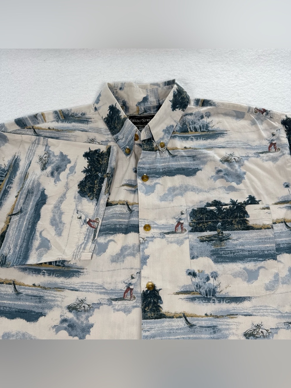 Field & Stream Button Up Short Sleeve Shirt Mens XL White Blue Fly Fishing Print